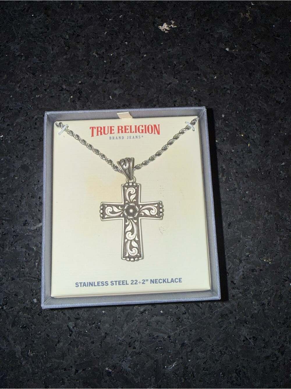 NEW True Religion Stainless Steel 22” + 2” Silver Ornate Filigree Cross Necklace